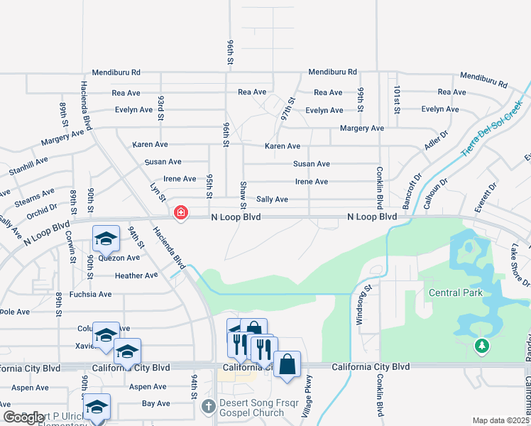map of restaurants, bars, coffee shops, grocery stores, and more near 9633 North Loop Boulevard in California City
