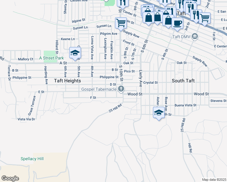 map of restaurants, bars, coffee shops, grocery stores, and more near 507 2nd Avenue in Taft