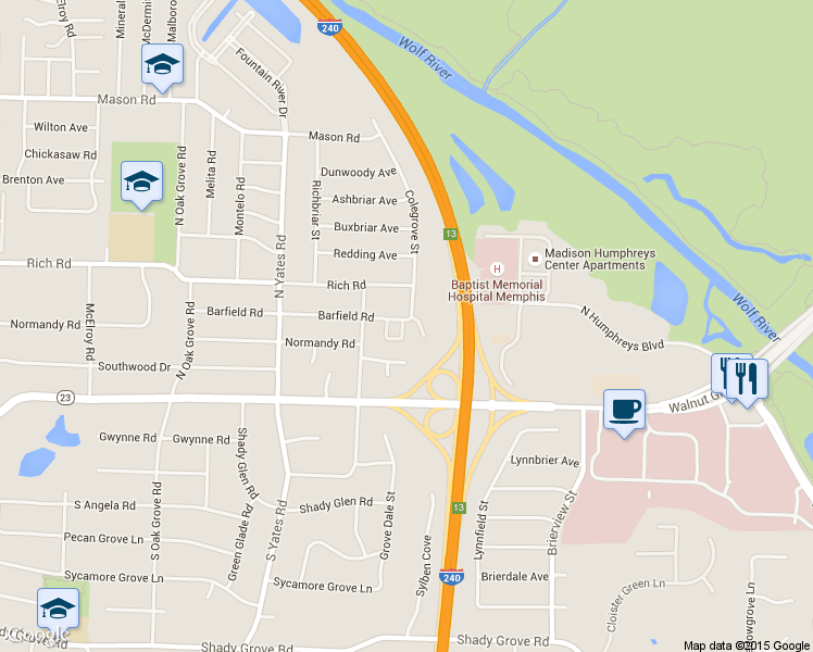 map of restaurants, bars, coffee shops, grocery stores, and more near 5767 Barfield Circle in Memphis