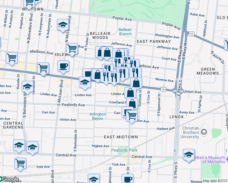 map of restaurants, bars, coffee shops, grocery stores, and more near 2073 Linden Avenue in Memphis