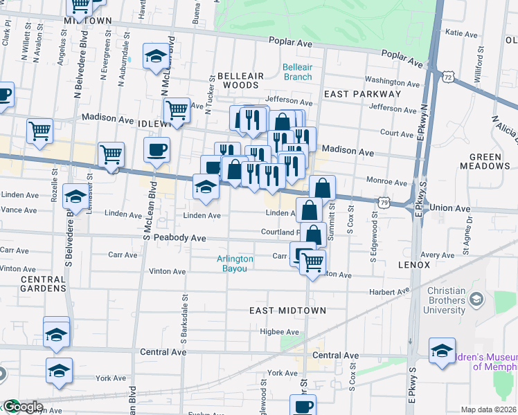 map of restaurants, bars, coffee shops, grocery stores, and more near 2033 Linden Avenue in Memphis