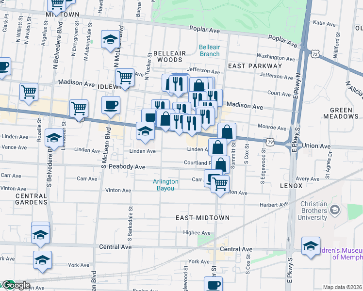 map of restaurants, bars, coffee shops, grocery stores, and more near 2033 Linden Avenue in Memphis
