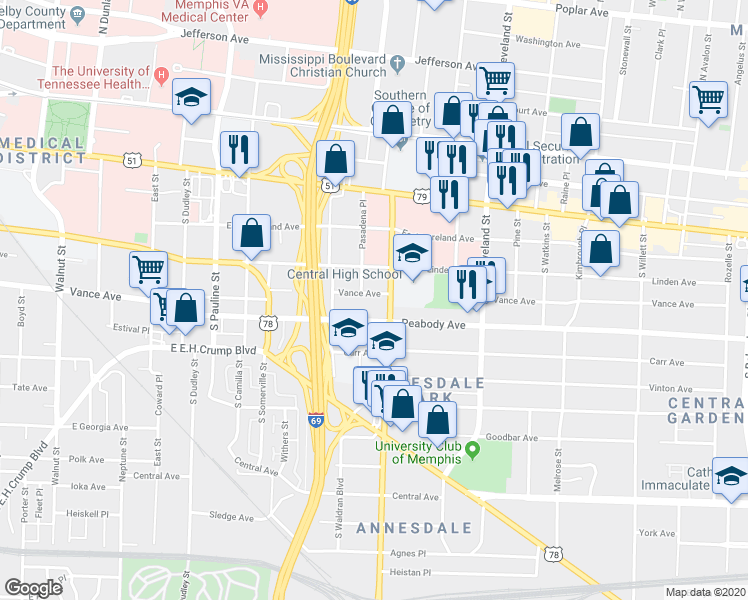 map of restaurants, bars, coffee shops, grocery stores, and more near in Memphis