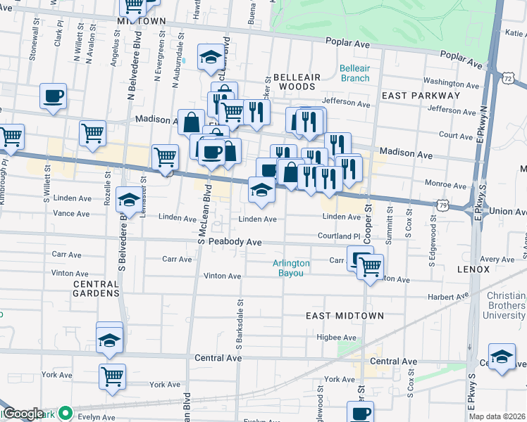 map of restaurants, bars, coffee shops, grocery stores, and more near 1950 Linden Avenue in Memphis