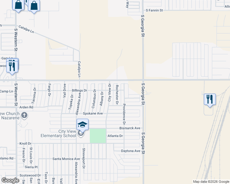 map of restaurants, bars, coffee shops, grocery stores, and more near 7407 Rochester in Amarillo