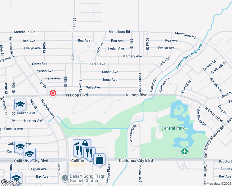 map of restaurants, bars, coffee shops, grocery stores, and more near 9825 North Loop Boulevard in California City