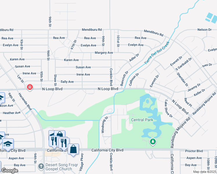 map of restaurants, bars, coffee shops, grocery stores, and more near 9961 North Loop Boulevard in California City