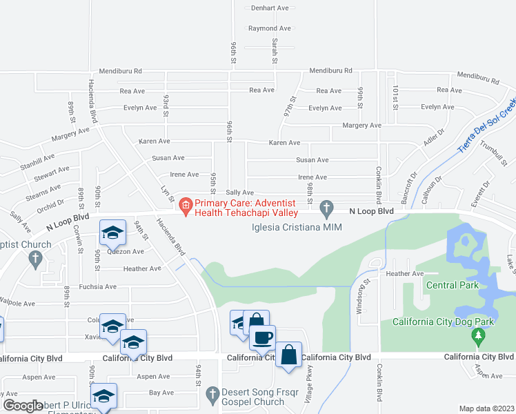 map of restaurants, bars, coffee shops, grocery stores, and more near 9617 North Loop Boulevard in California City