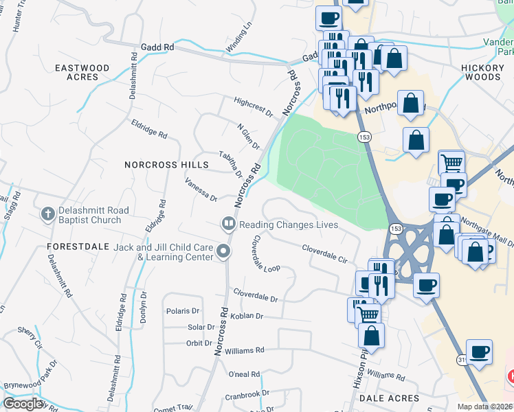 map of restaurants, bars, coffee shops, grocery stores, and more near 4603 Cloverdale Loop in Chattanooga