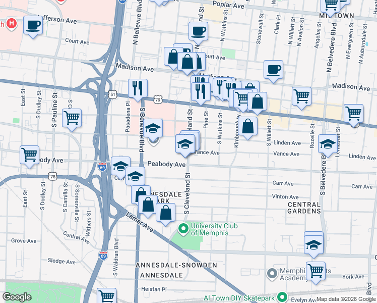 map of restaurants, bars, coffee shops, grocery stores, and more near Vance Ave & S Cleveland St in Memphis