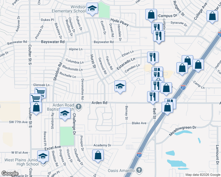 map of restaurants, bars, coffee shops, grocery stores, and more near 6948 Benwood Square in Amarillo