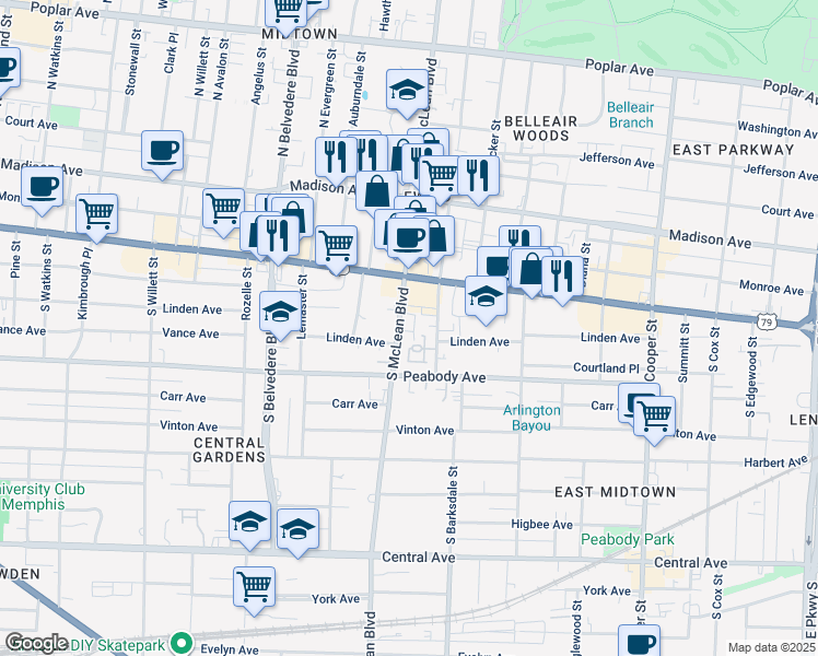 map of restaurants, bars, coffee shops, grocery stores, and more near 232 South McLean Boulevard in Memphis
