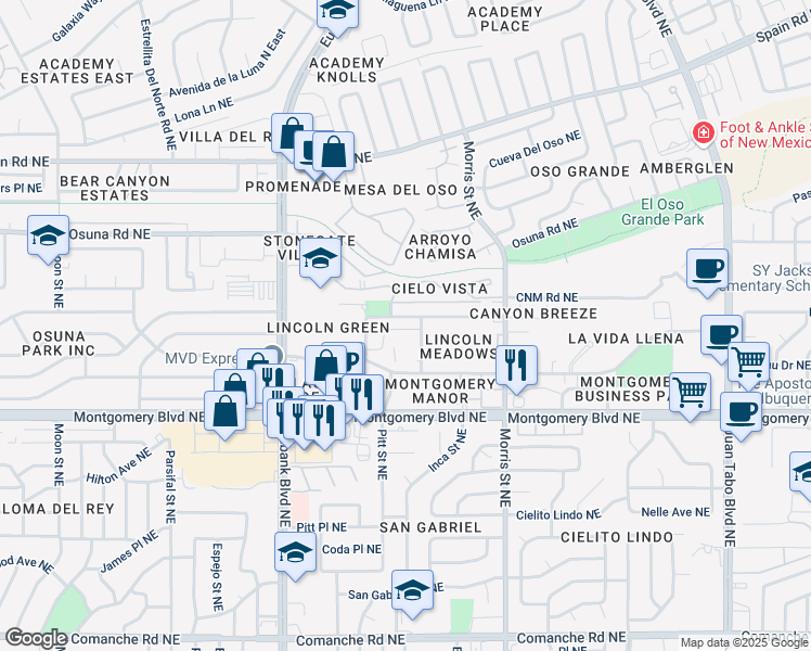 map of restaurants, bars, coffee shops, grocery stores, and more near 10101 Lagrima De Oro Road Northeast in Albuquerque
