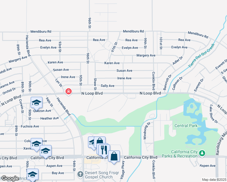 map of restaurants, bars, coffee shops, grocery stores, and more near 9717 North Loop Boulevard in California City