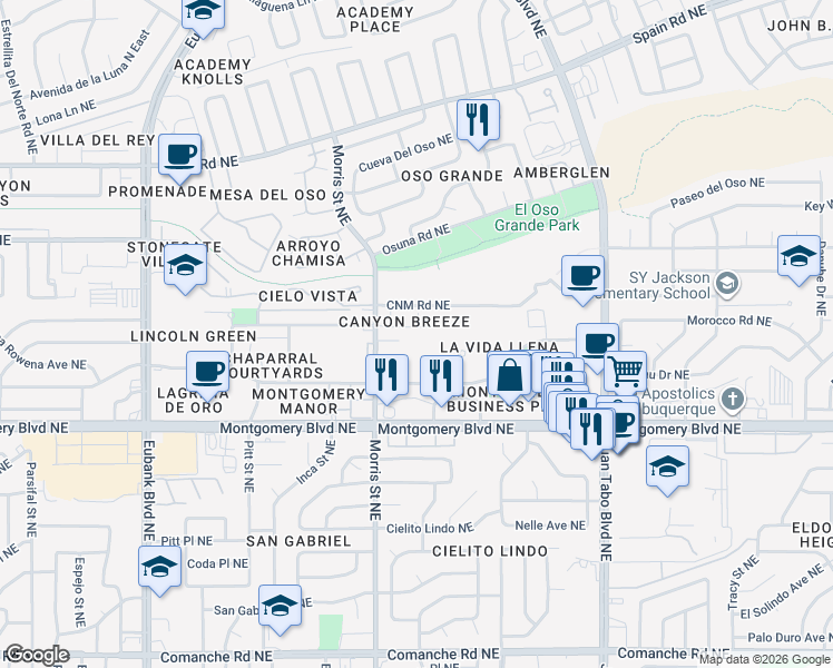 map of restaurants, bars, coffee shops, grocery stores, and more near 4440 Morris Street Northeast in Albuquerque
