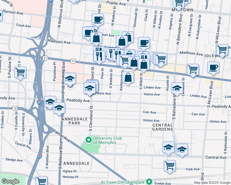 map of restaurants, bars, coffee shops, grocery stores, and more near 1438 Vance Avenue in Memphis