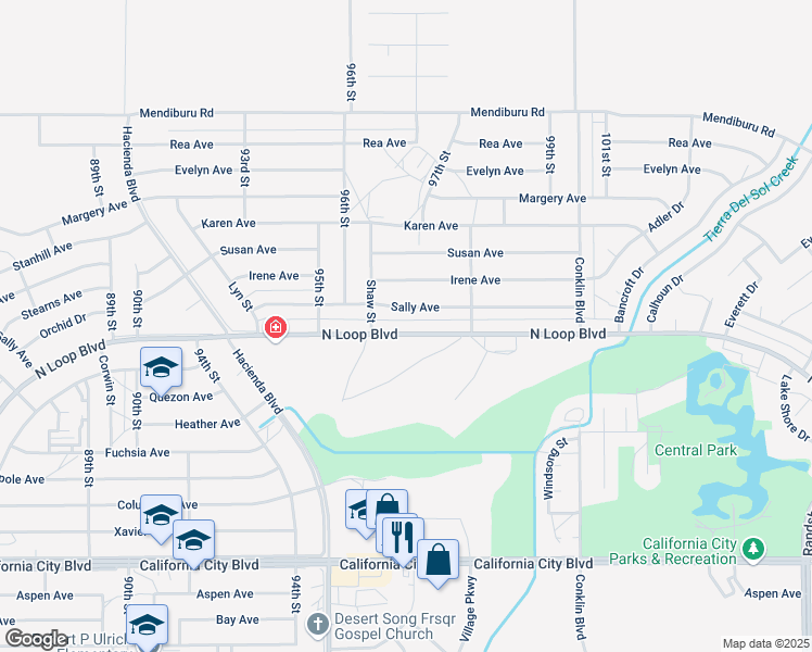map of restaurants, bars, coffee shops, grocery stores, and more near 9633 North Loop Boulevard in California City