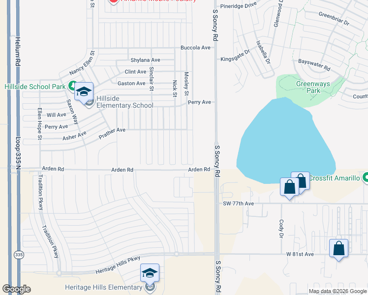 map of restaurants, bars, coffee shops, grocery stores, and more near 7405 Nick Street in Amarillo