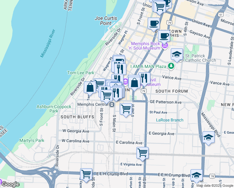 map of restaurants, bars, coffee shops, grocery stores, and more near 108 GE Patterson Avenue in Memphis