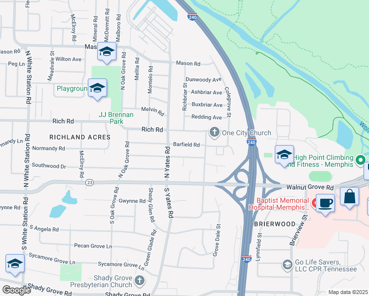 map of restaurants, bars, coffee shops, grocery stores, and more near 5650 Normandy Road in Memphis