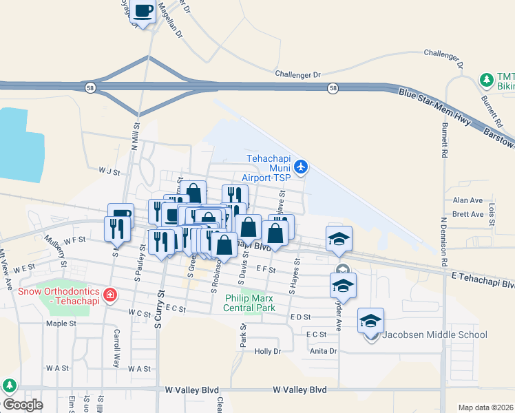 map of restaurants, bars, coffee shops, grocery stores, and more near 320 1/2 East I Street in Tehachapi