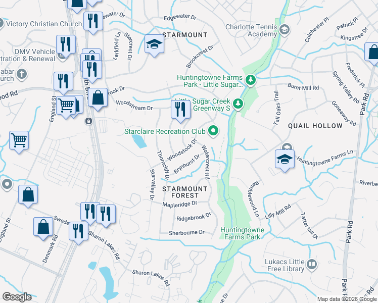 map of restaurants, bars, coffee shops, grocery stores, and more near 7108 Brynhurst Drive in Charlotte