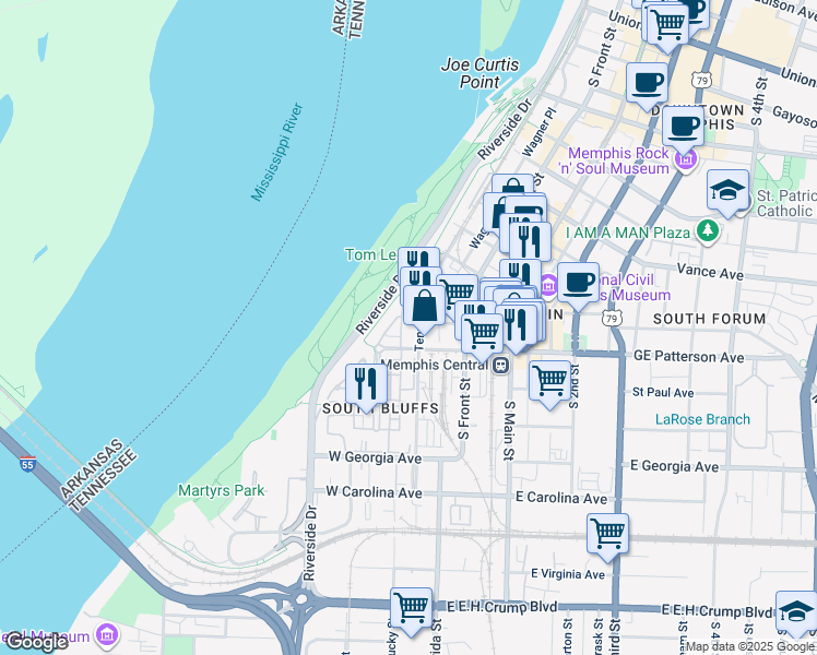 map of restaurants, bars, coffee shops, grocery stores, and more near 505 Tennessee Street in Memphis
