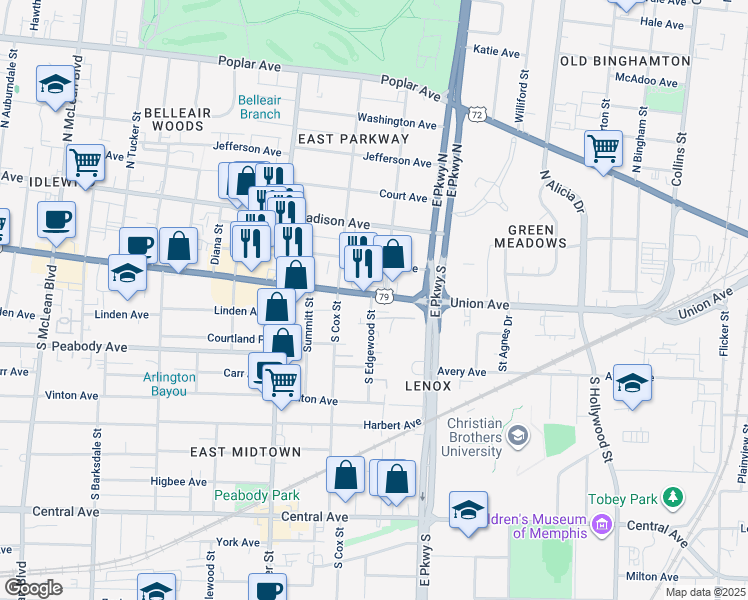 map of restaurants, bars, coffee shops, grocery stores, and more near 181 South Edgewood Street in Memphis