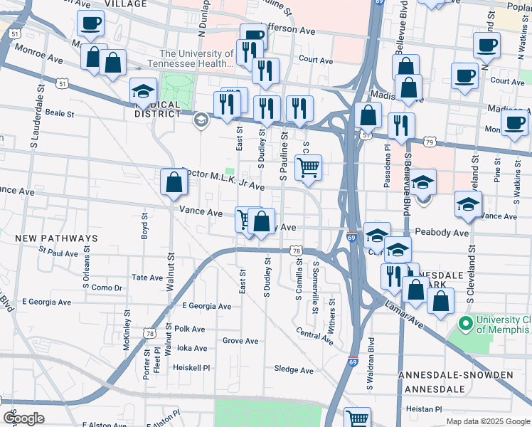 map of restaurants, bars, coffee shops, grocery stores, and more near 947 Peabody Avenue in Memphis