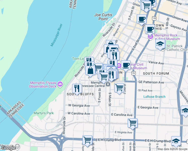 map of restaurants, bars, coffee shops, grocery stores, and more near 6 West GE Patterson Avenue in Memphis