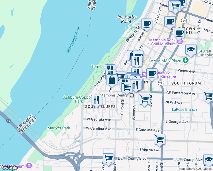 map of restaurants, bars, coffee shops, grocery stores, and more near 25 West GE Patterson Avenue in Memphis
