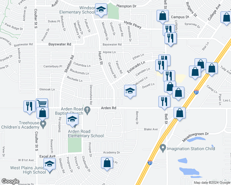 map of restaurants, bars, coffee shops, grocery stores, and more near 6927 Hurst Street in Amarillo