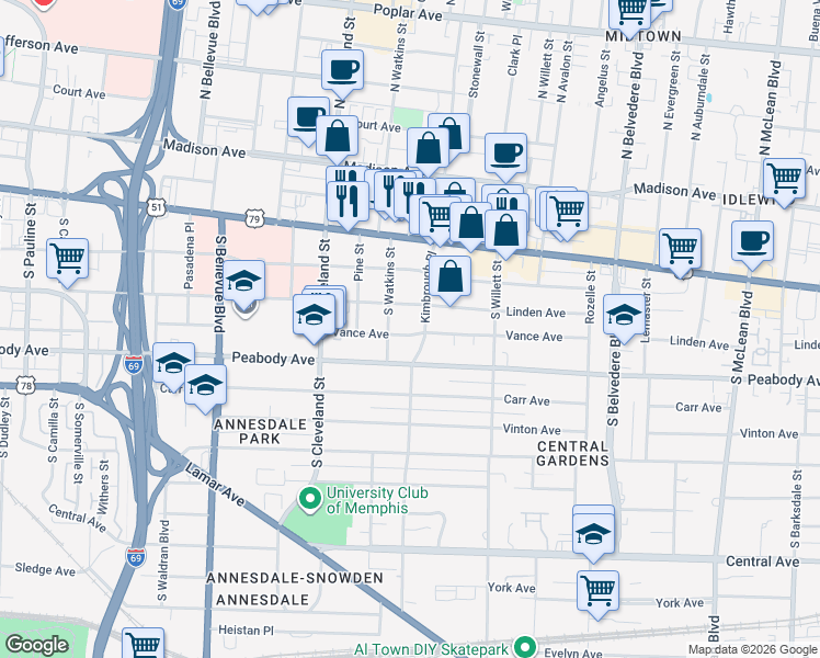 map of restaurants, bars, coffee shops, grocery stores, and more near 1442 Vance Avenue in Memphis