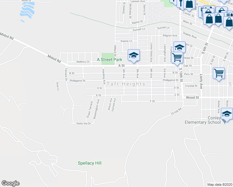 map of restaurants, bars, coffee shops, grocery stores, and more near 612 E Street in Taft