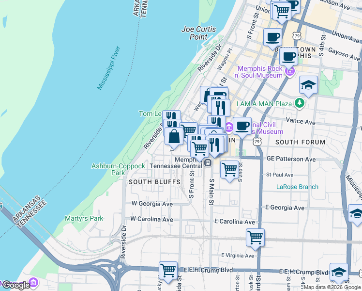 map of restaurants, bars, coffee shops, grocery stores, and more near 6 West GE Patterson Avenue in Memphis