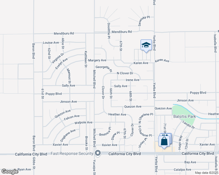 map of restaurants, bars, coffee shops, grocery stores, and more near 66th Street in California City