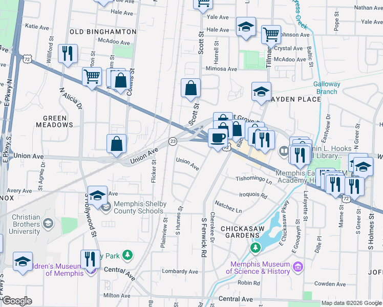 map of restaurants, bars, coffee shops, grocery stores, and more near 2777 Union Avenue in Memphis