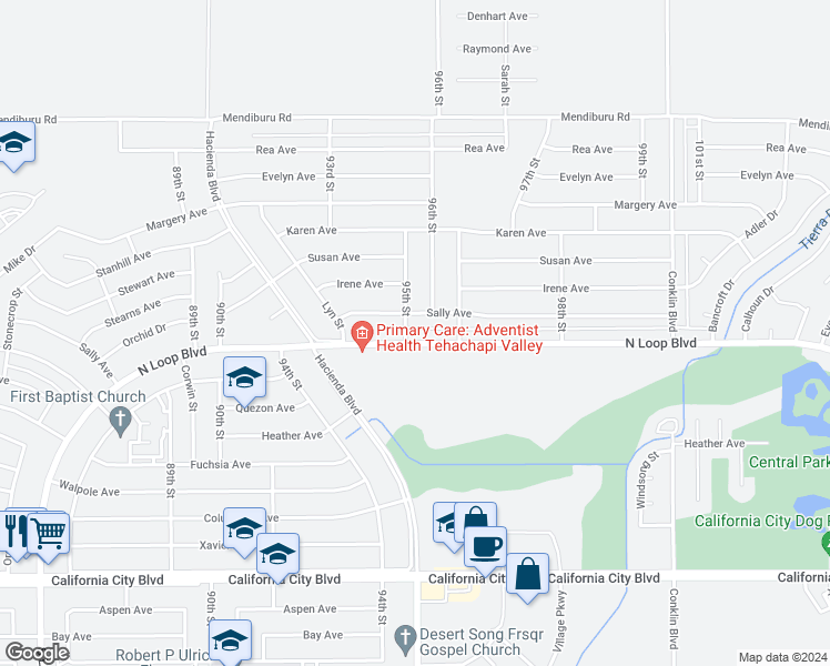 map of restaurants, bars, coffee shops, grocery stores, and more near 9501 North Loop Boulevard in California City