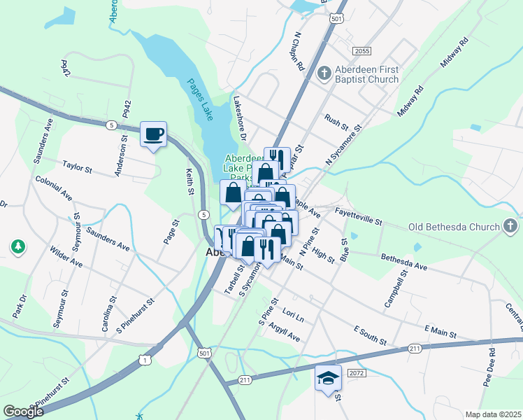 map of restaurants, bars, coffee shops, grocery stores, and more near 203 North Poplar Street in Aberdeen