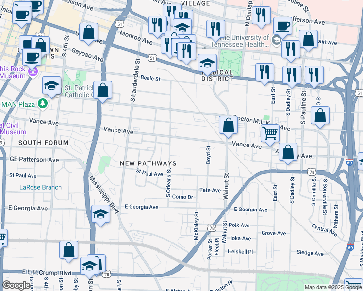 map of restaurants, bars, coffee shops, grocery stores, and more near 673 Vance Avenue in Memphis