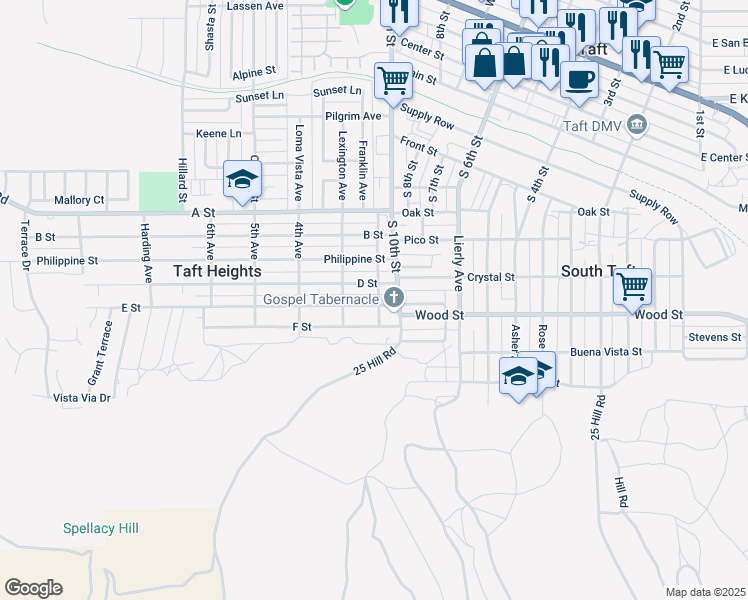 map of restaurants, bars, coffee shops, grocery stores, and more near 200 E Street in Taft