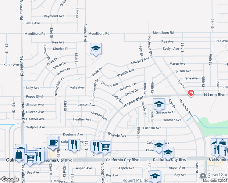 map of restaurants, bars, coffee shops, grocery stores, and more near Stearns Avenue in California City