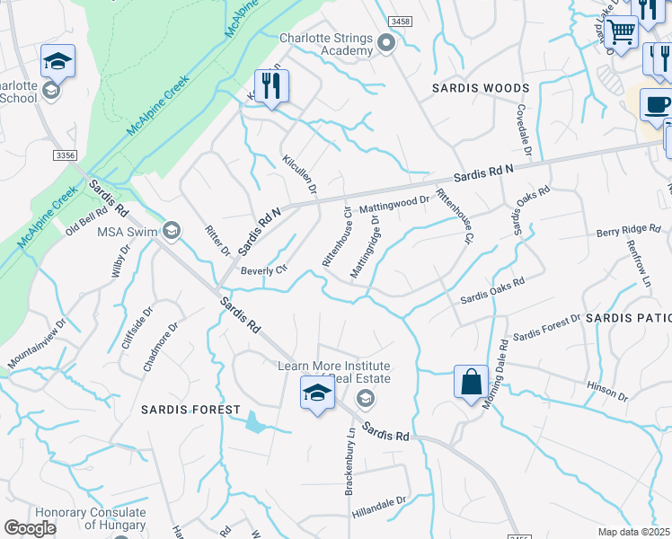 map of restaurants, bars, coffee shops, grocery stores, and more near 8315 Rittenhouse Circle in Charlotte