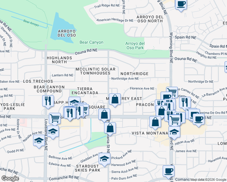 map of restaurants, bars, coffee shops, grocery stores, and more near 4713 Tennessee Place Northeast in Albuquerque