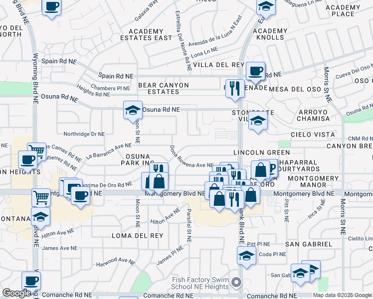 map of restaurants, bars, coffee shops, grocery stores, and more near 9412 Dona Marguerita Avenue Northeast in Albuquerque