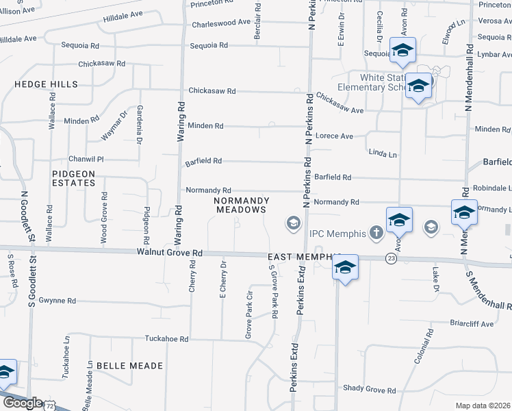 map of restaurants, bars, coffee shops, grocery stores, and more near 65 North Grove Park Road in Memphis