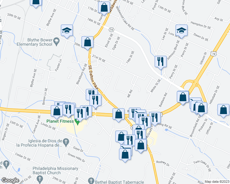 map of restaurants, bars, coffee shops, grocery stores, and more near 1544 Oak Tree Lane Southeast in Cleveland