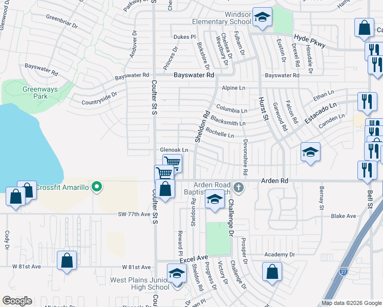 map of restaurants, bars, coffee shops, grocery stores, and more near 7009 Covenant Lane in Amarillo
