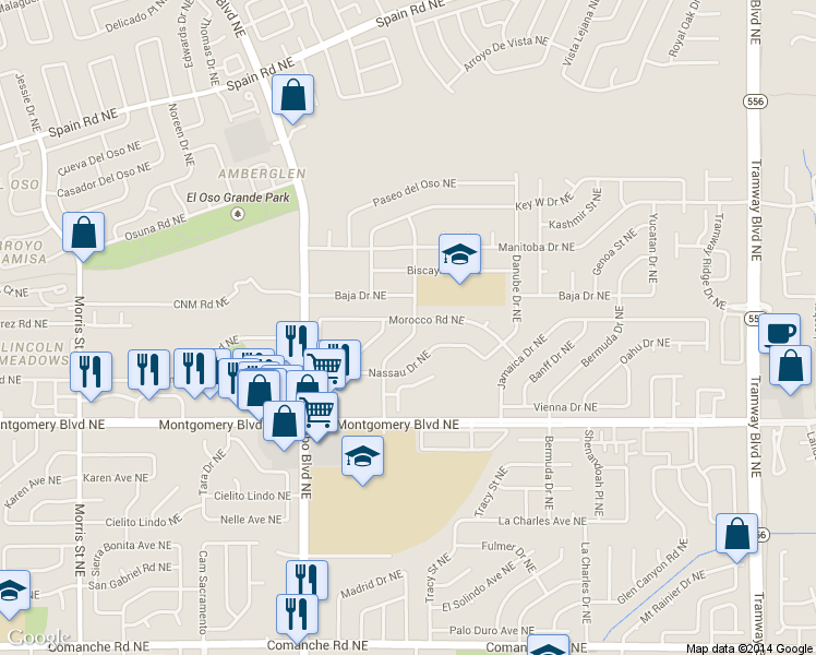 map of restaurants, bars, coffee shops, grocery stores, and more near 4610 Cairo Drive Northeast in Albuquerque