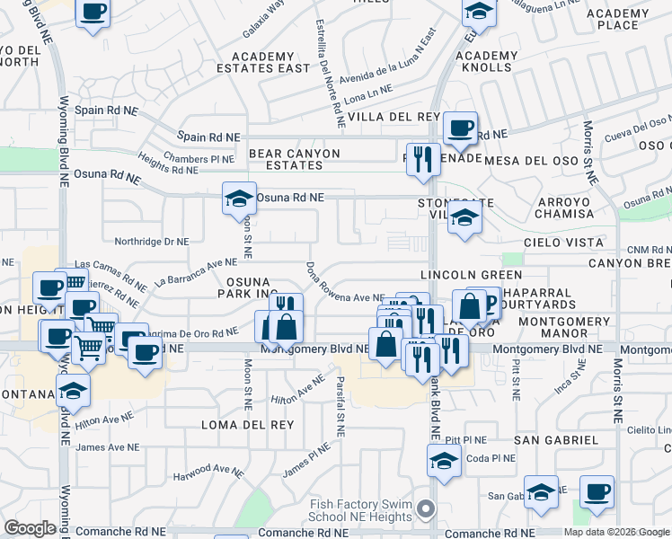 map of restaurants, bars, coffee shops, grocery stores, and more near 9412 Dona Marguerita Avenue Northeast in Albuquerque